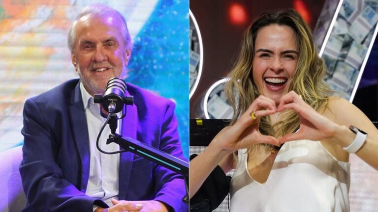 Montagem mostra Robério de Ogum sorrindo diante de microfone em estúdio e Ana Paula Renault fazendo gesto de coração com as mãos em palco iluminado