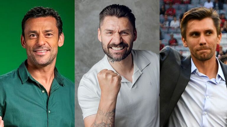 Montagem com três homens sorrindo em retratos lado a lado em diferentes cenários incluindo estúdio e estádio