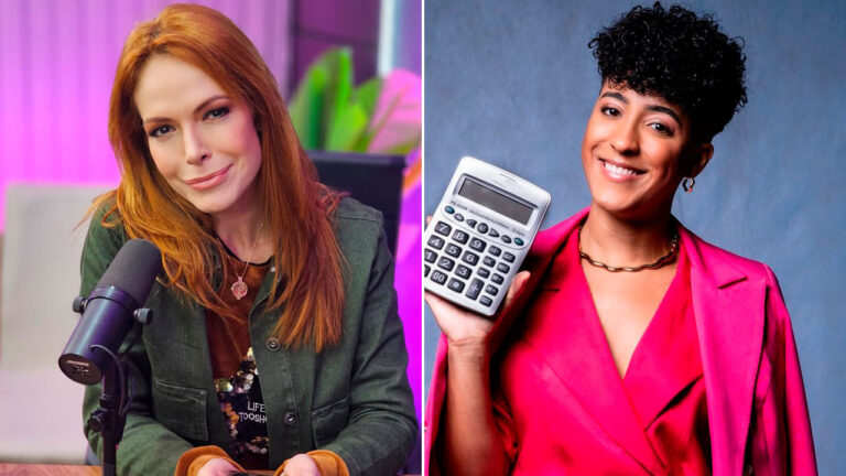 Montagem com Babi Xavier em estúdio de podcast e Nath Finanças segurando calculadora em ensaio promocional