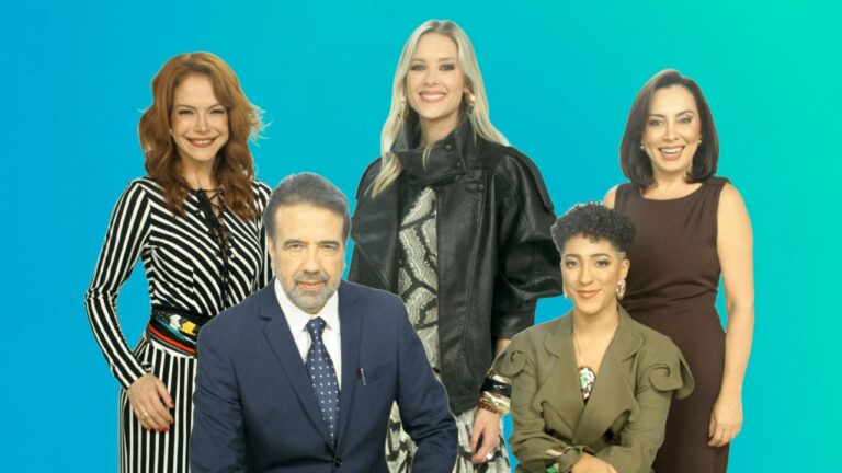 Babi Xavier, Jorge Lordello, Gianne Albertoni, Nath Finanças e Katiuzia Rios em montagem promocional da RedeTV!