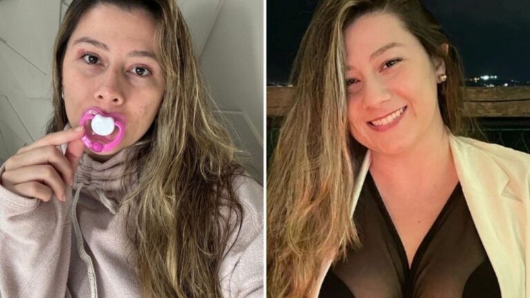 Montagem mostra Bella Mantovani com chupeta rosa e sorrindo em retratos publicados nas redes sociais