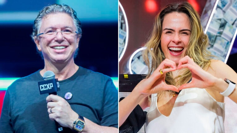 Boninho com microfone em evento da CCXP e Ana Paula Renault faz gesto de coração na final do BBB 26