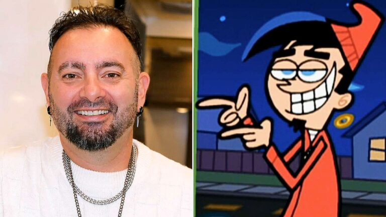 Chris Kirkpatrick ao lado do personagem Chip Skylark em montagem com foto e desenho animado