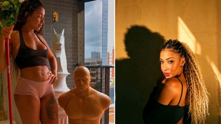 Montagem mostra Emelly Souza com roupa fitness em varanda e posando com cabelo trançado sob luz alaranjada