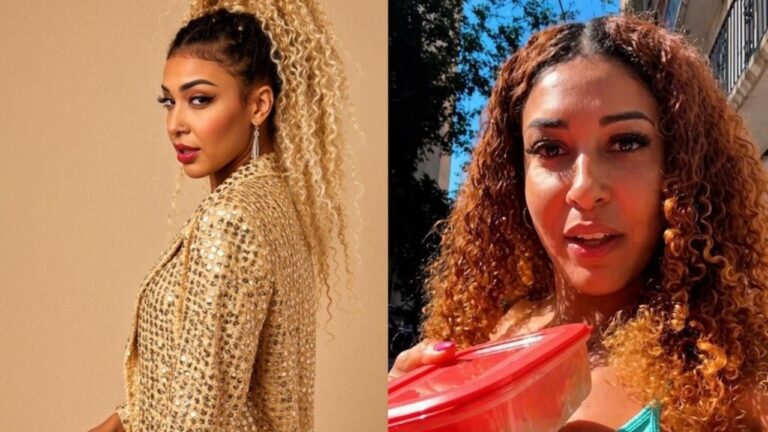 Emelly Souza em montagem com duas imagens posando com roupa dourada e cabelo preso e segurando pote em gravação ao ar livre