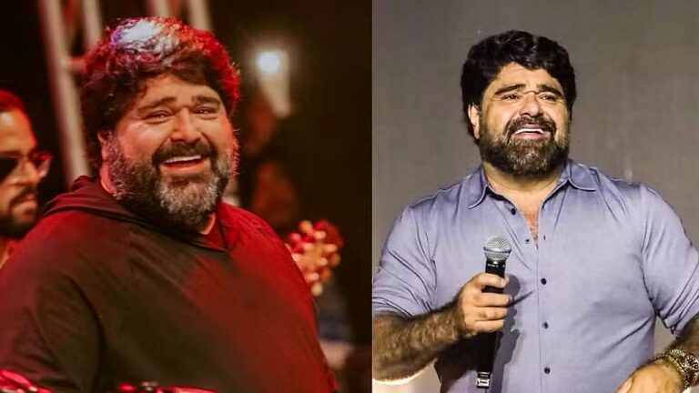 Homem barbudo aparece em montagem com duas fotos, uma cantando no palco e outra falando ao microfone em evento