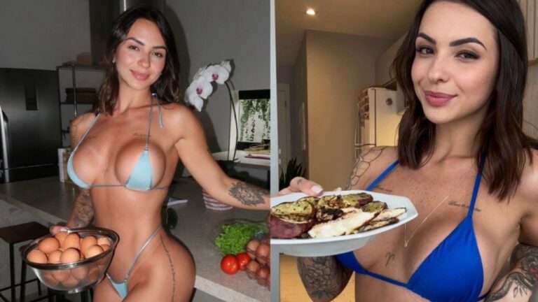 Karol Rosalin posa de biquíni em cozinha segurando ovos e prato com alimentos em fotos publicadas nas redes sociais