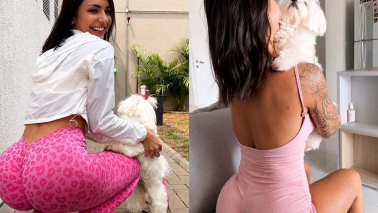 Karol Rosalin posa com cachorro de estimação em fotos publicadas nas redes sociais durante rotina em casa