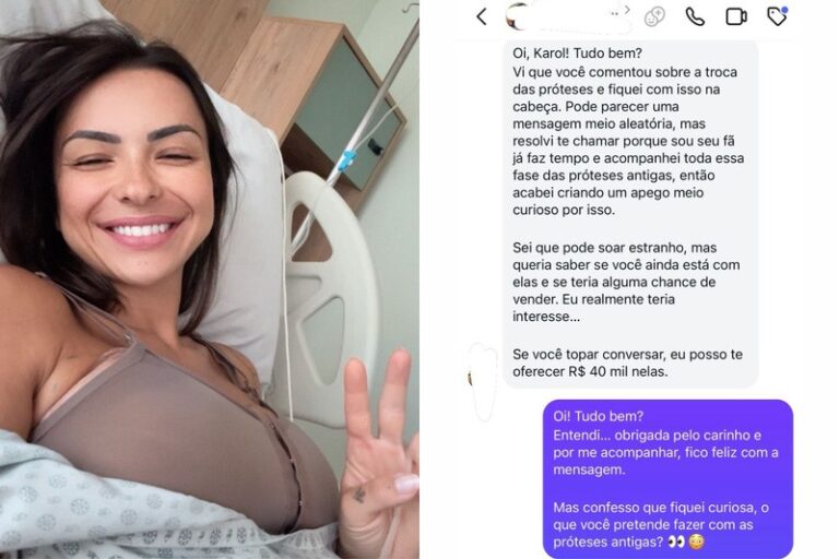 Karol Rosalin sorri em leito hospitalar fazendo sinal de paz enquanto print mostra mensagem oferecendo dinheiro por próteses usadas
