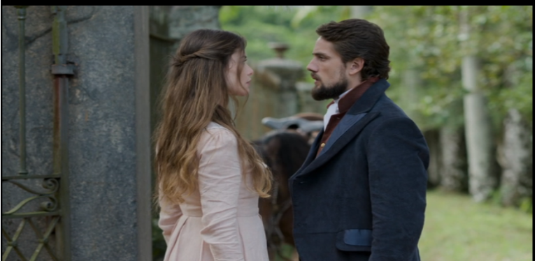 Lívia confirma a mentira de Pedro, dizendo a Felipe que está noiva e vai se casar em Além do Tempo