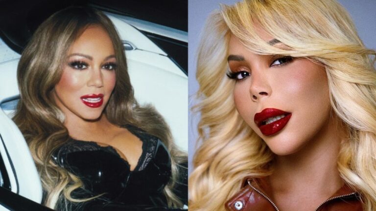 Montagem com Mariah Carey e Suellen Carey usando maquiagem marcante e batom vermelho em retratos promocionais