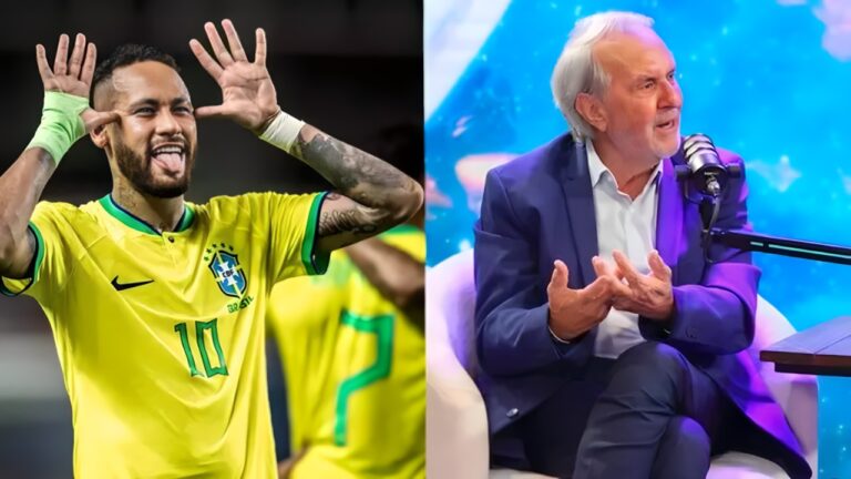 Montagem de fotos em que Neymar comemora com camisa da seleção brasileira ao lado de Robério de Ogum em entrevista de podcast