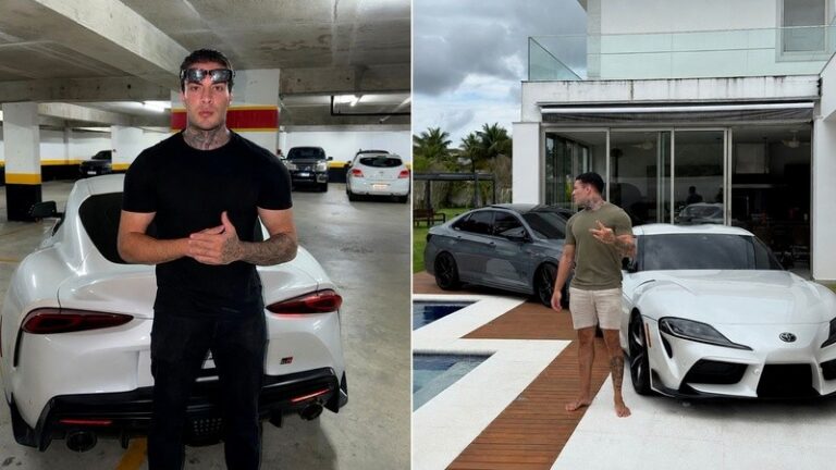 Rafa Marttinz posa ao lado de carros esportivos Toyota Supra em garagem e área externa de mansão com piscina