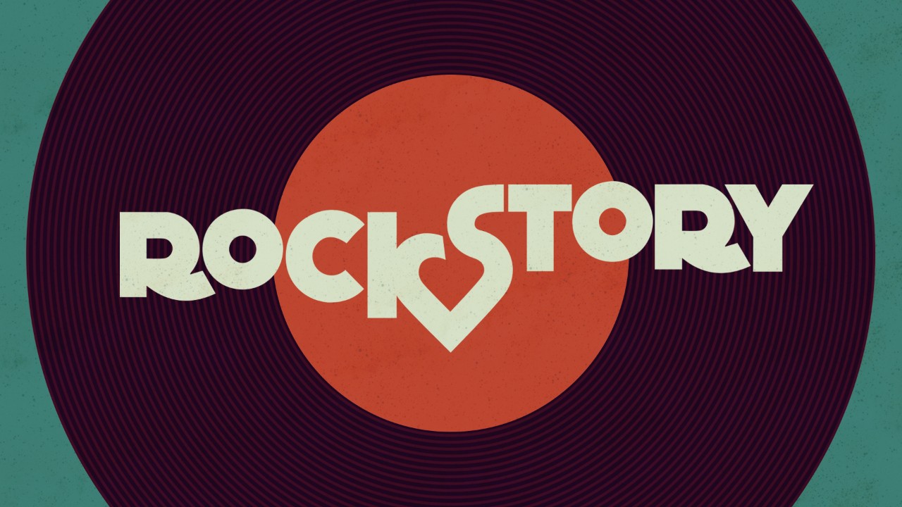 Logotipo da novela Rock Story sobre disco de vinil roxo com fundo azul esverdeado