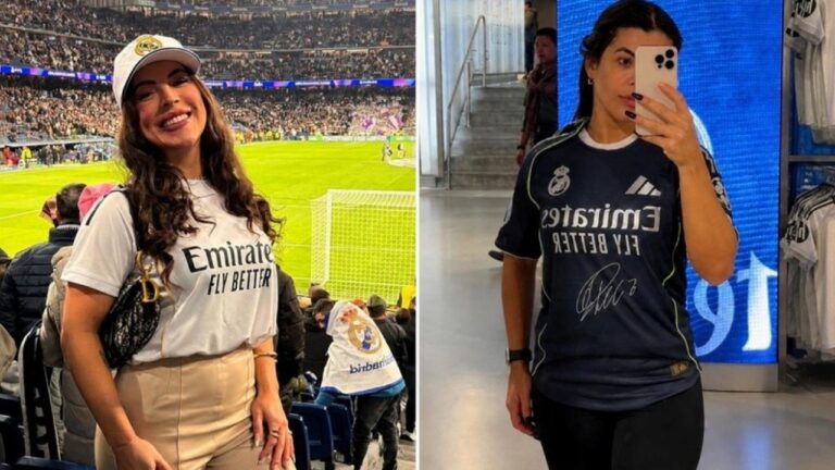 Rosana Ferreira em montagem com camisetas do Real Madrid no estádio Santiago Bernabéu e em loja do clube espanhol