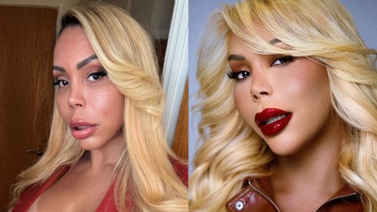 Montagem mostra Suellen Carey em duas selfies com cabelo loiro, maquiagem marcada e looks em tons vermelhos
