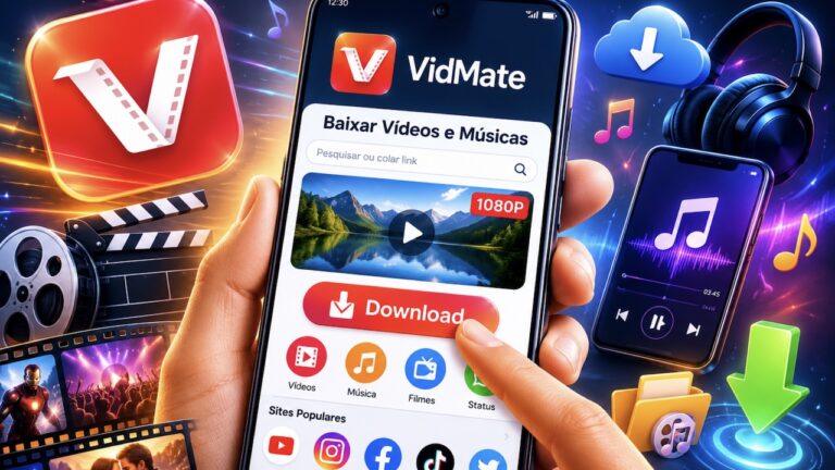 Tela do aplicativo VidMate em smartphone com opção de download de vídeos e músicas e ícones de redes sociais ao fundo.