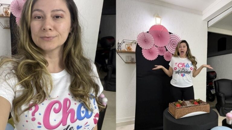 Montagem mostra Bella Mantovani usando camiseta escrita Chá de Infidelidade e reagindo diante de decoração temática e bolo em casa