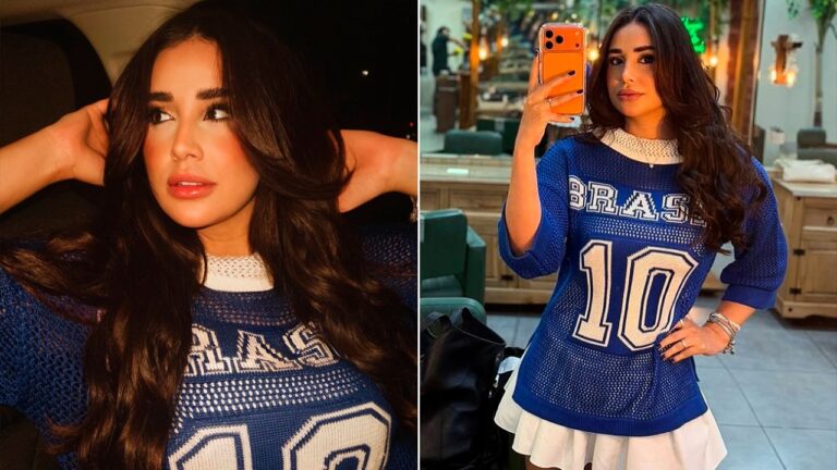 Bruna Pinheiro posa com blusa azul escrita Brasil 10 em montagem com retrato e selfie diante do espelho em ambiente interno