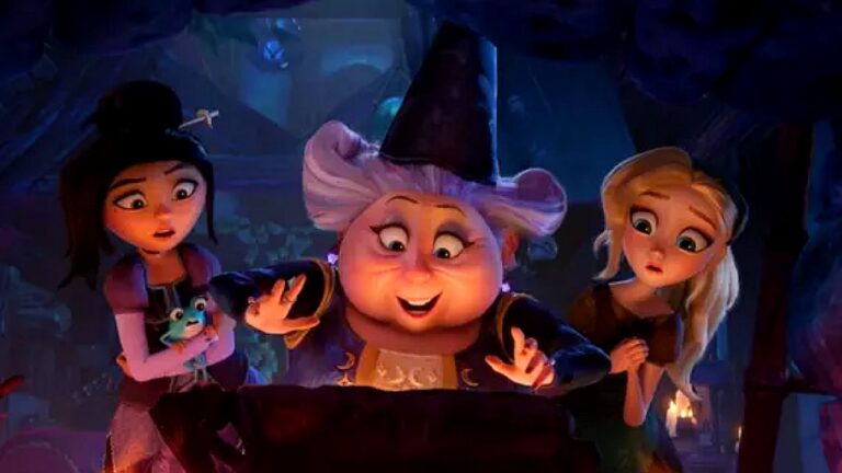 Personagens de Como Irmãs observam caldeirão mágico em cena da animação ambientada em caverna encantada