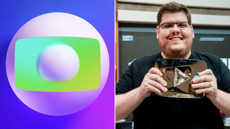 Logotipo da Globo ao lado de Casimiro Miguel sorrindo com placa do YouTube nas mãos em montagem ilustrativa