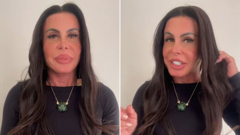 Gretchen fala diretamente para a câmera em vídeo publicado nas redes sociais usando blusa preta e colar verde