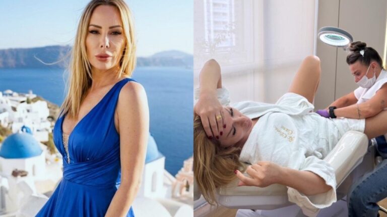 Ju Isen de vestido azul posa diante de paisagem litorânea e aparece em clínica durante procedimento estético deitada em maca com roupão branco