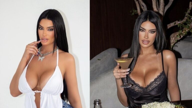 Júlia Medeiros de cabelos pretos posa com vestido branco e lingerie preta em montagem de fotos para redes sociais