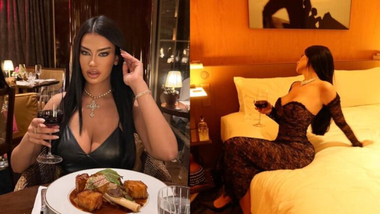 Júlia Medeiros posa com taça de vinho diante de prato em restaurante e aparece sentada em cama de hotel com vestido preto e outra taça de vinho