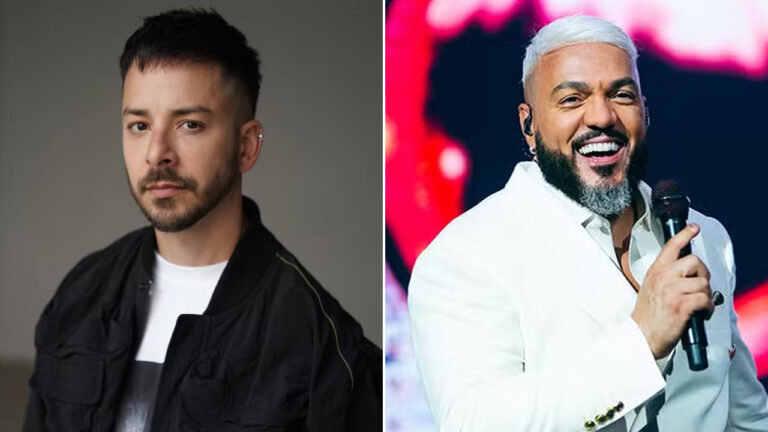 Montagem com Junior Lima em retrato de jaqueta preta e Belo sorrindo com microfone e terno branco no palco de show