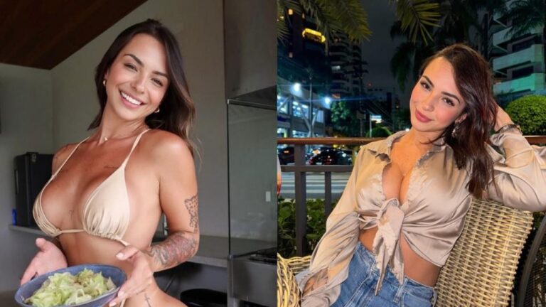 Karol Rosalin posa sorrindo em montagem com fotos de biquíni em ambiente interno e de blusa clara em área externa à noite