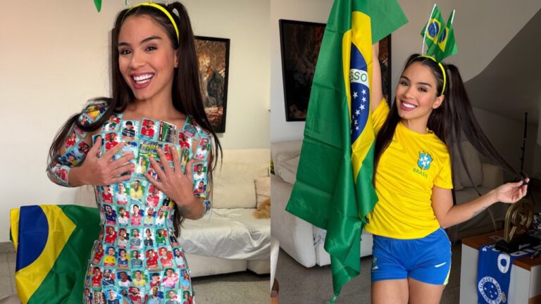 Kellyta Tharys posa com bandeira do Brasil e roupa com figurinhas da Copa em sala decorada com cores da seleção