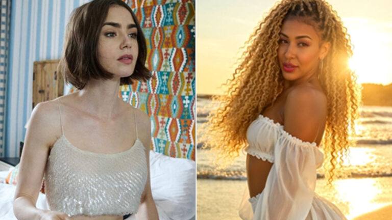 Lily Collins de top claro em ambiente interno e Emelly Souza de vestido branco posa em praia ao pôr do sol