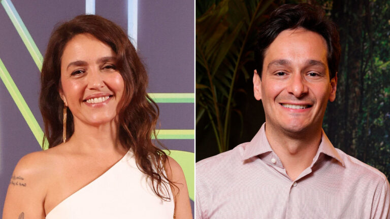 Manuela Dias e Bruno Luperi sorriem em montagem de fotos