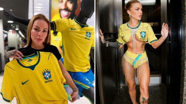 Ravena Hanniely exibe camisa da seleção brasileira e posa com fantasia inspirada no uniforme da equipe nacional