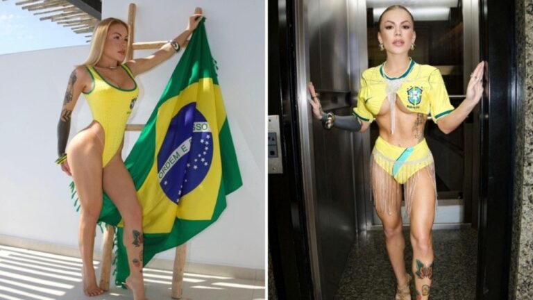 Ravena Hanniely posa com trajes nas cores da seleção brasileira e bandeira do Brasil em montagem de duas fotos