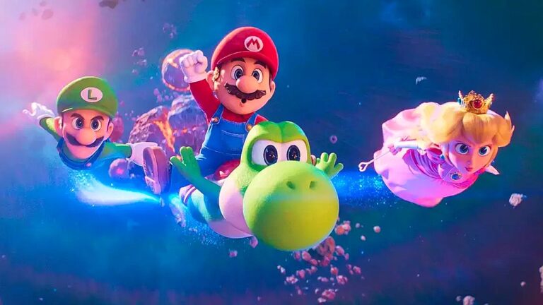Mario, Luigi, Princesa Peach e Yoshi voam pelo espaço em cena colorida da animação Super Mario Bros cercados por asteroides luminosos