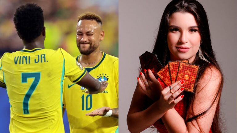 Vini Jr. de costas cumprimenta Neymar com uniforme da seleção brasileira ao lado de retrato de Izadora Morais segurando cartas de tarô