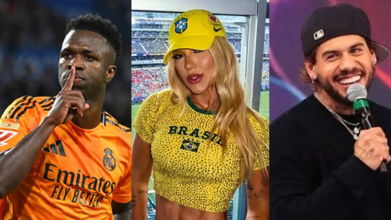 Vinícius Júnior faz gesto de silêncio, Virginia Fonseca posa com camisa da seleção e Zé Felipe sorri com microfone em montagem