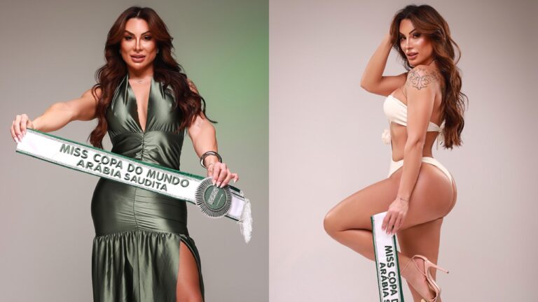 Bruna Mendonça posa de vestido verde e biquíni branco segurando faixa Miss Copa do Mundo Arábia Saudita