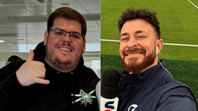 Cazé e Fred Bruno sorriem em montagem com retratos do influenciador e do apresentador em cobertura esportiva