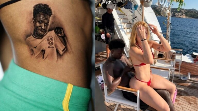 Montagem mostra tatuagem de Vini Jr. e Emelly Souza com Virginia Fonseca em iate durante passeio