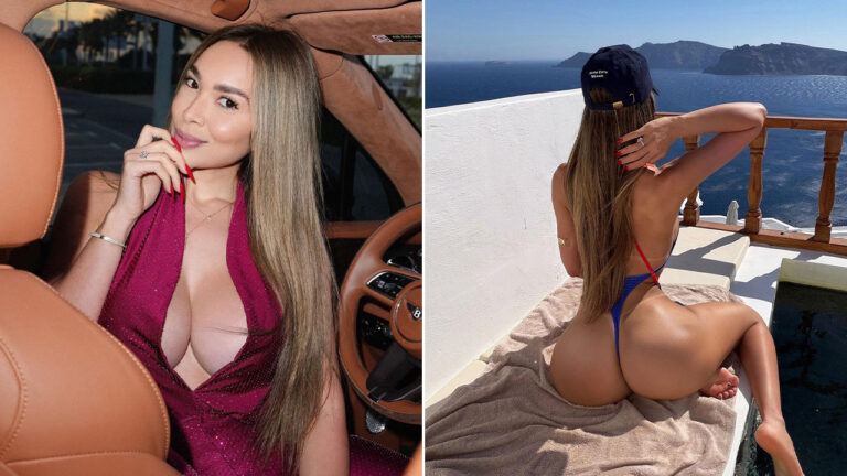 Ester Ana posa com vestido vinho decotado dentro de um carro e, ao lado, aparece de costas em maiô diante do mar em um terraço ensolarado
