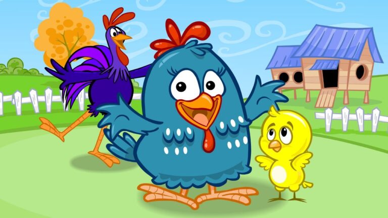 Galinha Pintadinha com Pintinho Amarelinho e Galo Carijó em cenário de fazenda na animação infantil