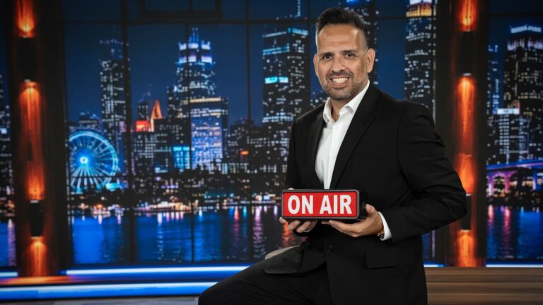 Géro Bonini, de terno preto, sorri segurando placa On Air em estúdio da TV Connect USA com skyline ao fundo
