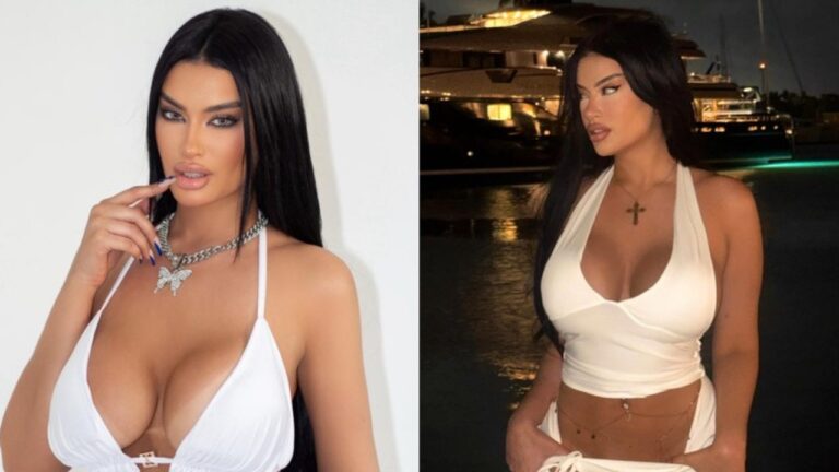 Júlia Medeiros em montagem com duas fotos usando top branco decotado, cabelo preto longo e colares diante de parede e marina à noite