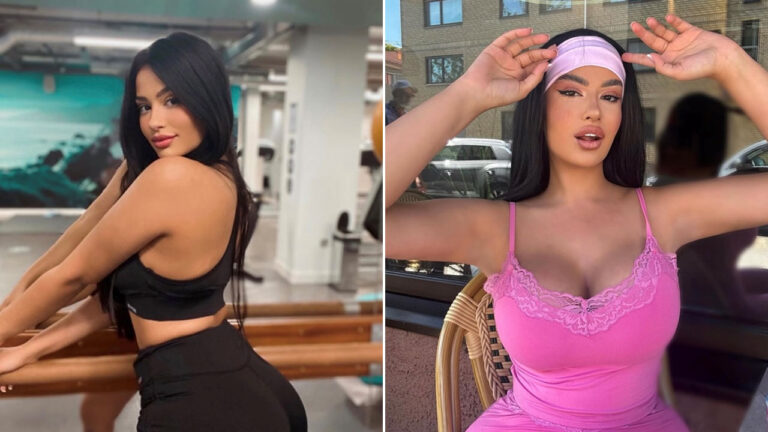 Júlia Medeiros posa com conjunto preto em academia e com roupa rosa e faixa na cabeça sentada em área externa