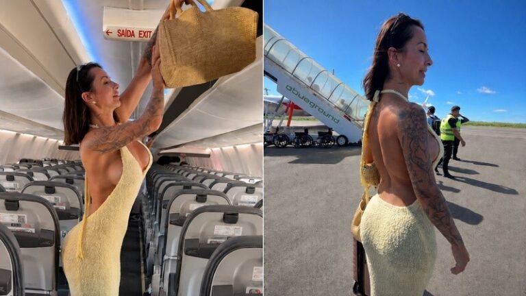Karol Rosalin de vestido amarelo guarda bolsa no bagageiro de avião e caminha na pista ao lado da aeronave