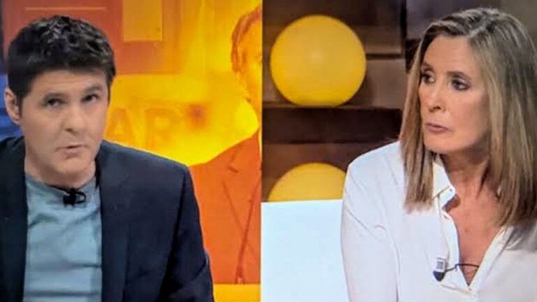 Javier Ruiz e Marta Gómez durante debate em programa de televisão da TVE