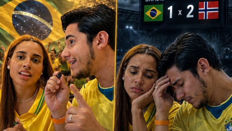 MC Lomma e Igor Lemann com camisas da Seleção antes e após derrota do Brasil para a Noruega em montagem dividida
